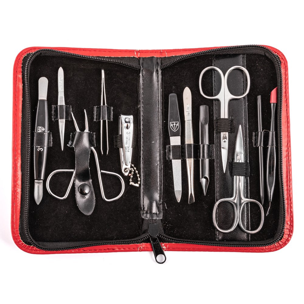 Kellermann 3 Swords Manicure & Pedicure Set | 12-Pieces in a Red Zipped Case | V-Sunrise