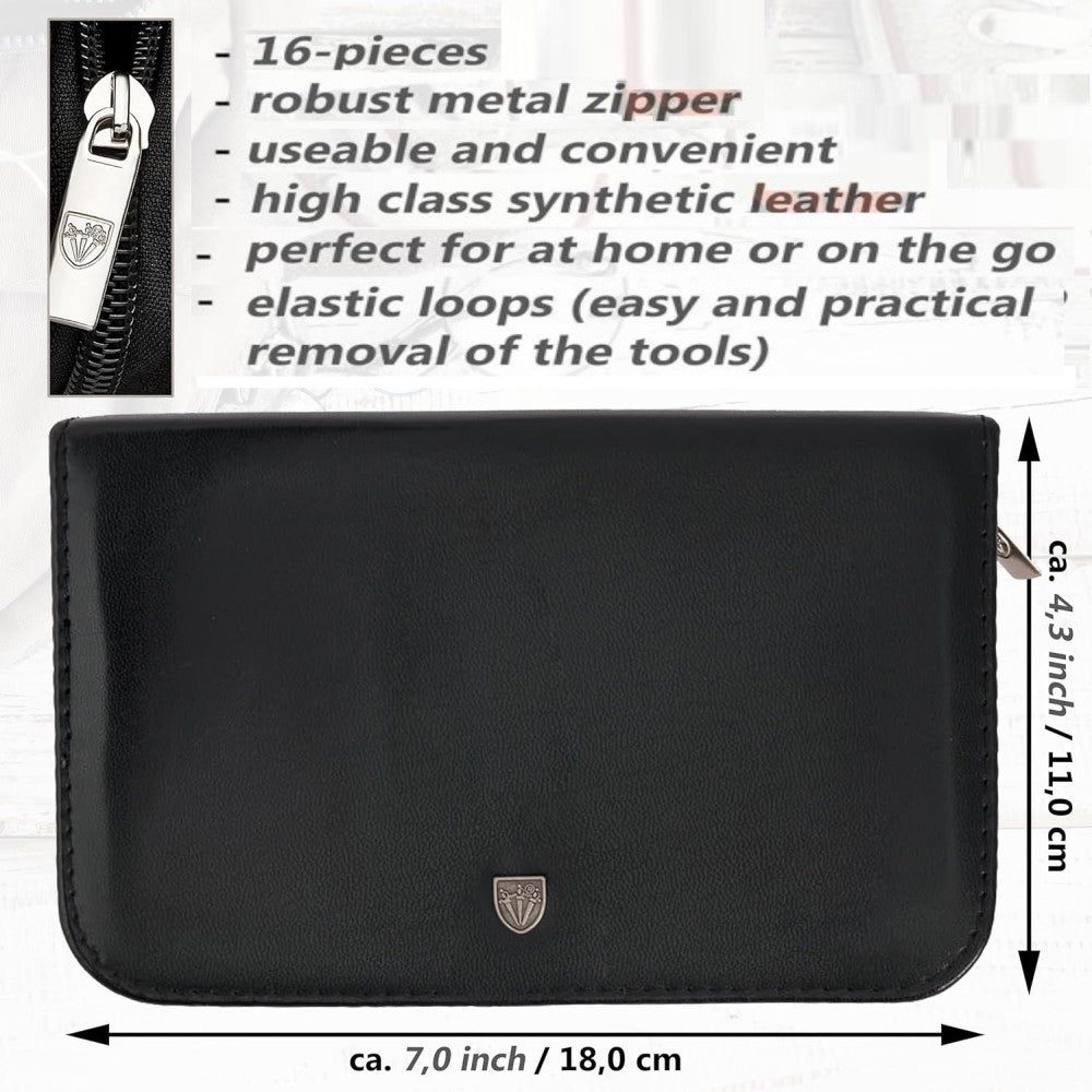 3 Swords Manicure Set: 16 Handmade Steel Nail Tools in a Black Leather Look Case 9210 PN