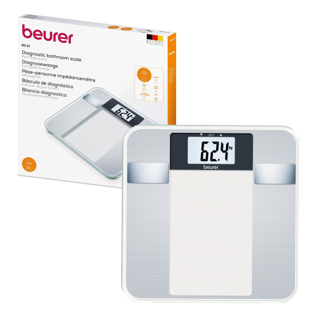 Beurer Diagnostic Bathroom Scale | BG 13 | Measures Weight, Fat, Water, Muscle & BMI