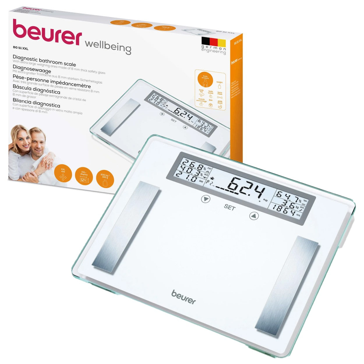 Beurer BG 51 XXL Diagnostic Bathroom Scale | BMI, Fat, Water, Muscle, Bone Mass, AMR | Weight to 200kg