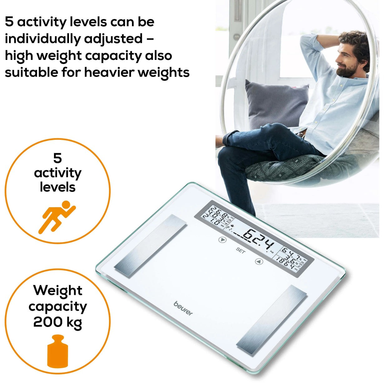 Beurer BG 51 XXL Diagnostic Bathroom Scale | BMI, Fat, Water, Muscle, Bone Mass, AMR | Weight to 200kg