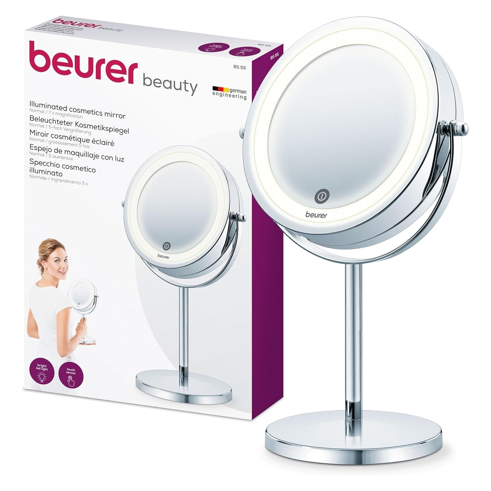 Beurer BS 55 Illuminated Cosmetics Mirror / Makeup Mirror: LED Light. Normal or 7x Magnification. 13cm