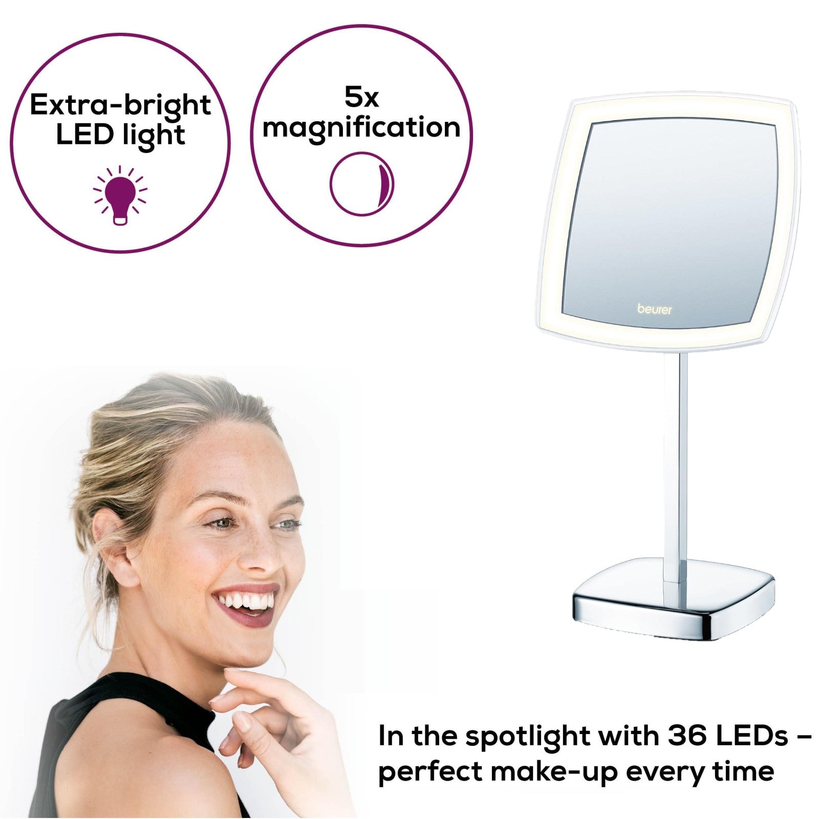 Beurer Germany BS 99 LED Cosmetic Mirror | 5X Magnification. Bright Adjustable LED Light | Precise Makeup & Grooming