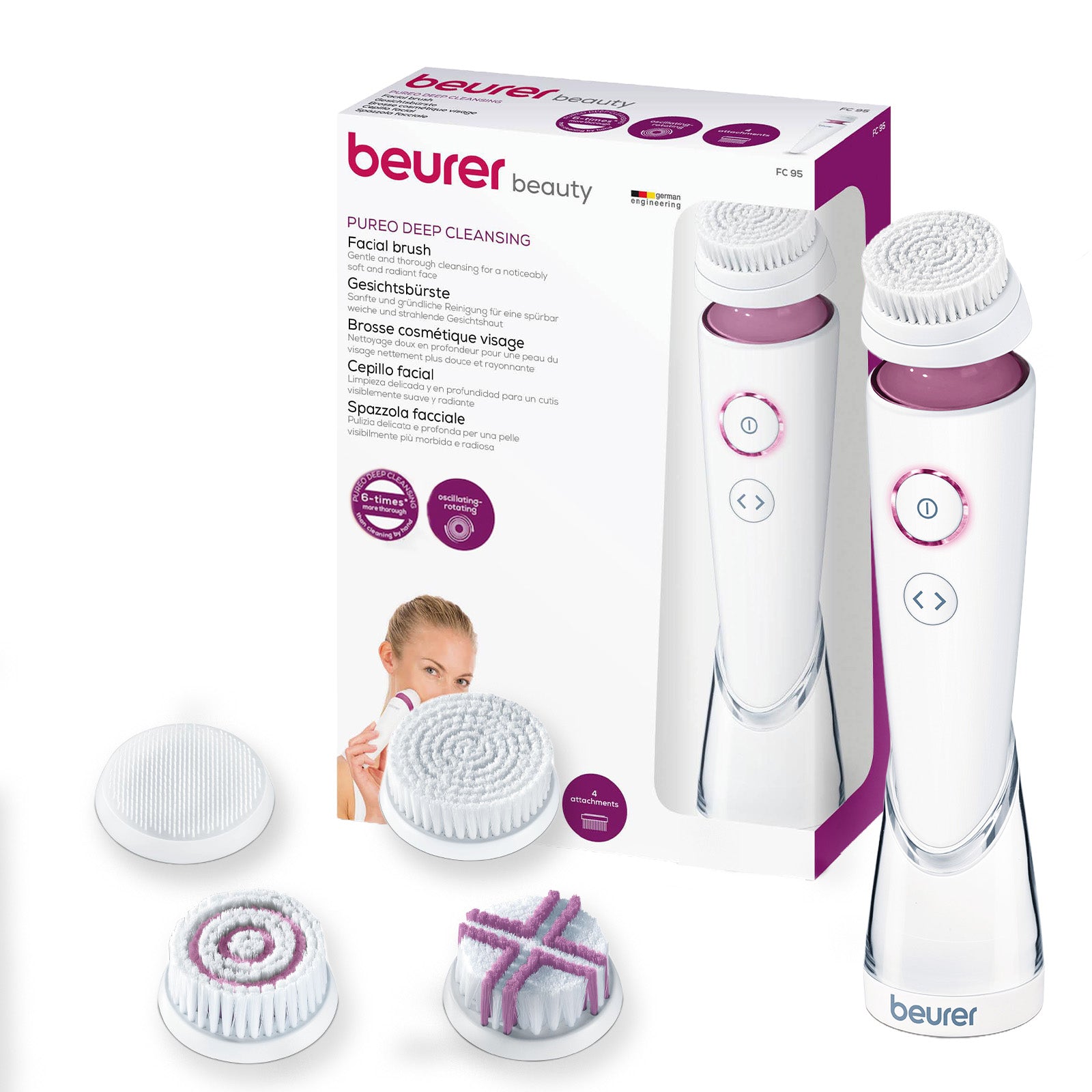 Beurer FC 95 Facial Brush | Deep Cleansing | 4 Attachments | Waterproof IPX7 | Rechargeable