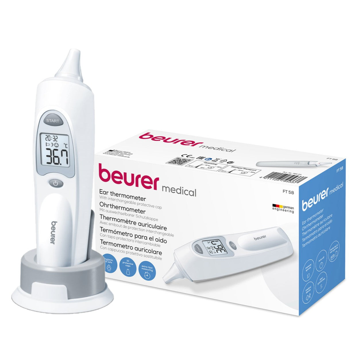 Beurer FT 58 In-Ear Thermometer: Hygienic Protective Caps, Infrared Technology, Rapid Results