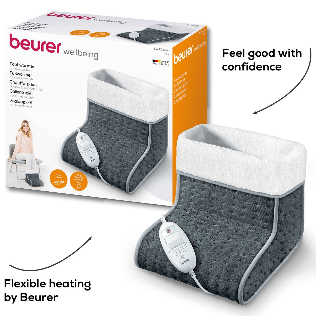 Beurer Germany FW 20 Electric Foot Warmer in Grey: Adjustable Temperature. Cosy Materials. Low Energy Heat.