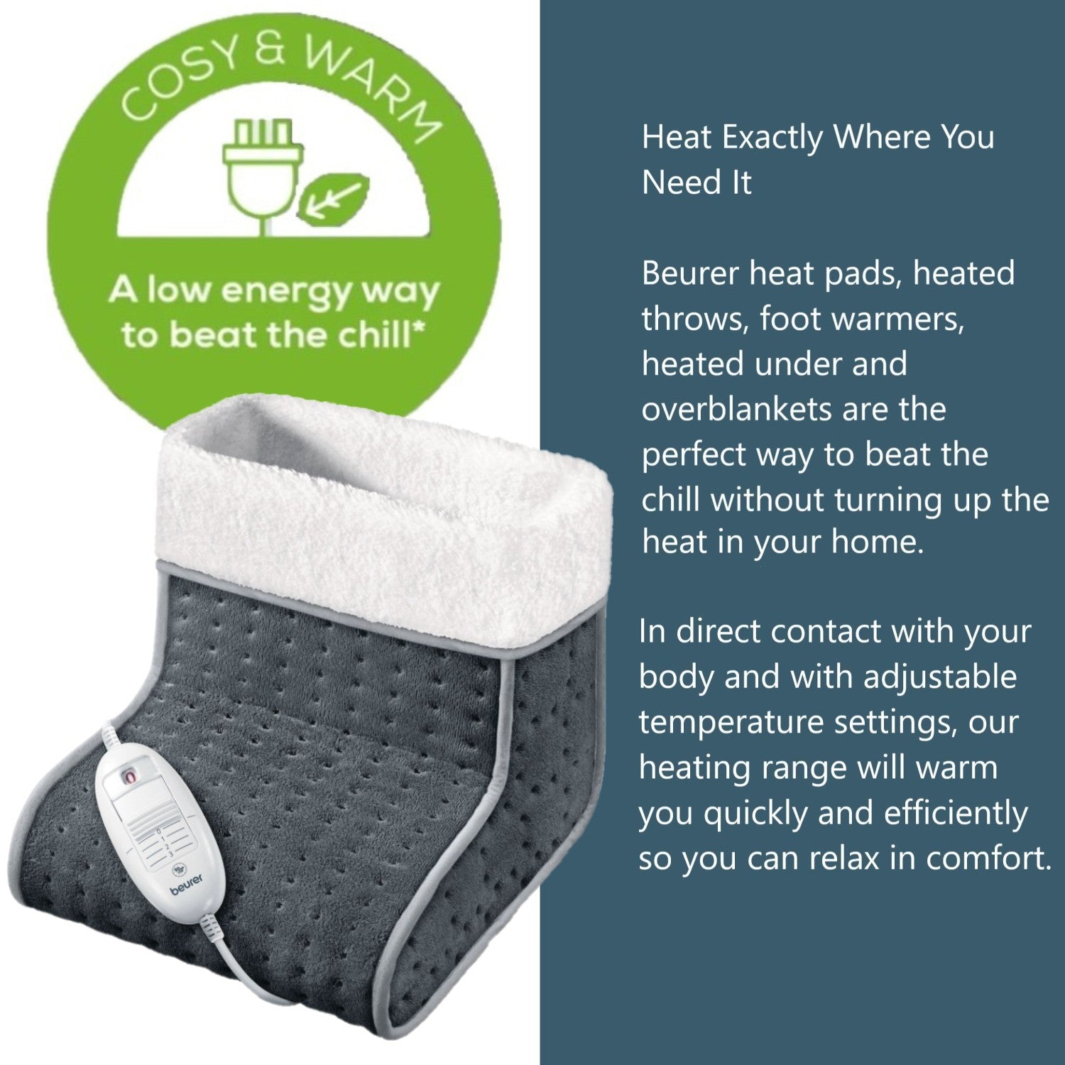 Beurer Germany FW 20 Electric Foot Warmer in Grey: Adjustable Temperature. Cosy Materials. Low Energy Heat.