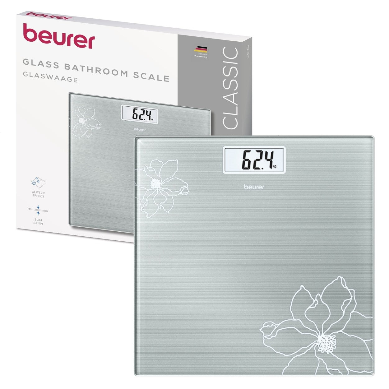 Beurer Germany GS 10 Bathroom Scale: Compact, Space-Saving. Silver-Grey Glass with Shimmer Flower Motif. 180kg Capacity