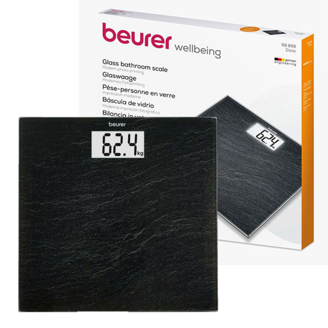 Beurer GS 203 Personal Bathroom Scale | Slate Print on Safety Glass | 150kg Weight Capacity