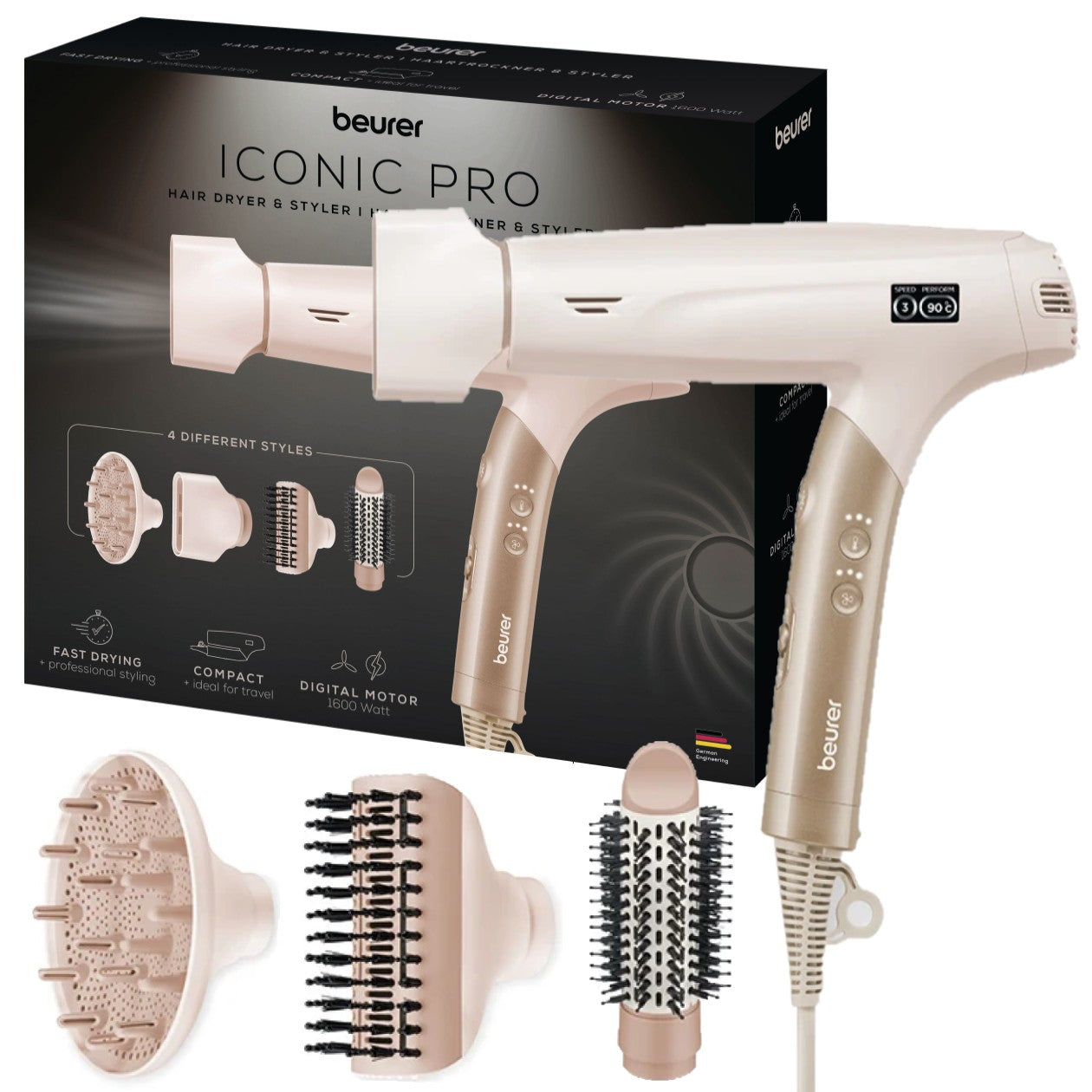 Beurer HC 150 One-Step Hair Dryer & Styler with 4 Attachments | Ionic | Foldable & Light for Travel | 1600W