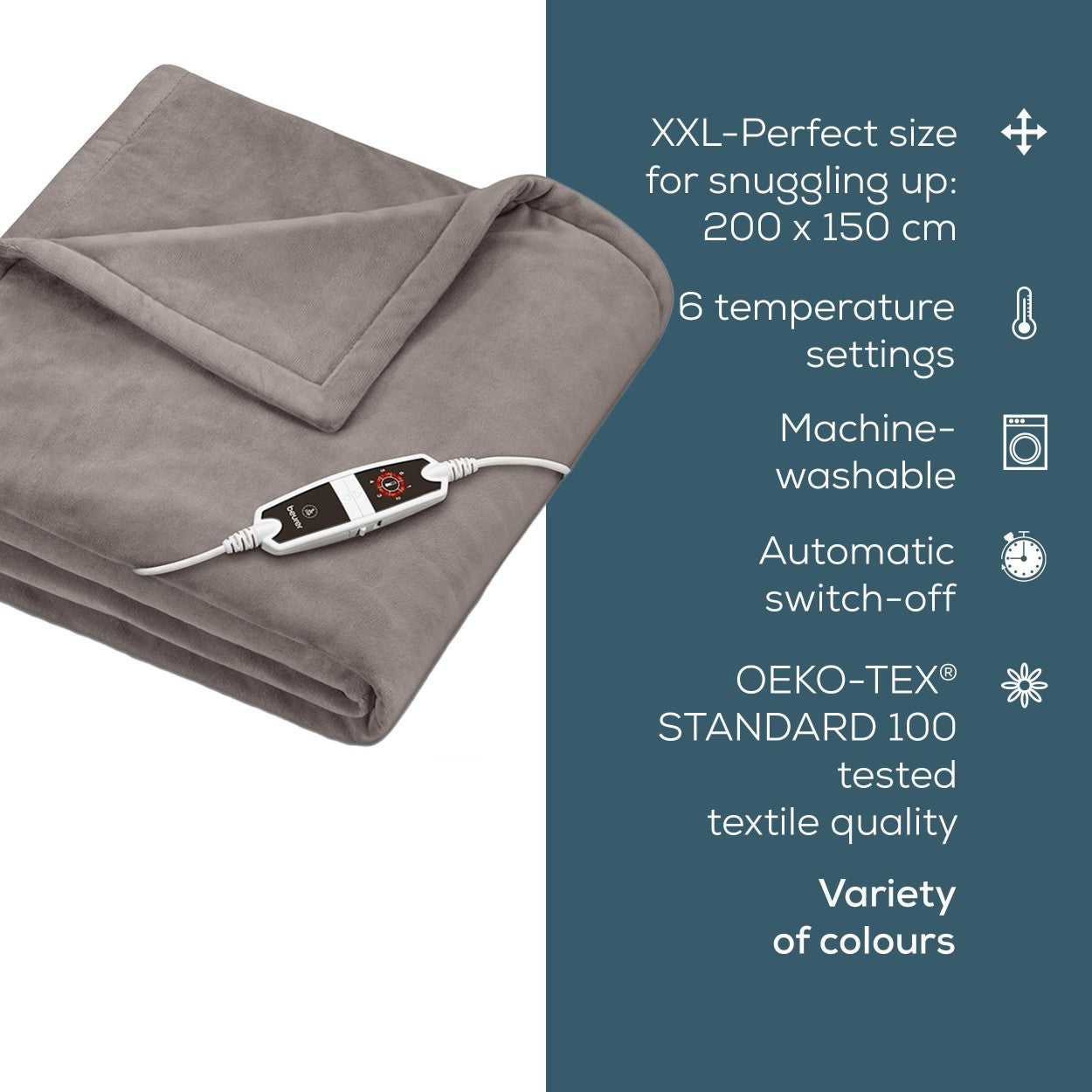 Beurer HD 150 XXL Electric Blanket Throw | Heated Over Blanket for Sofa, Bed, Study | 1.5x2m | Taupe Grey