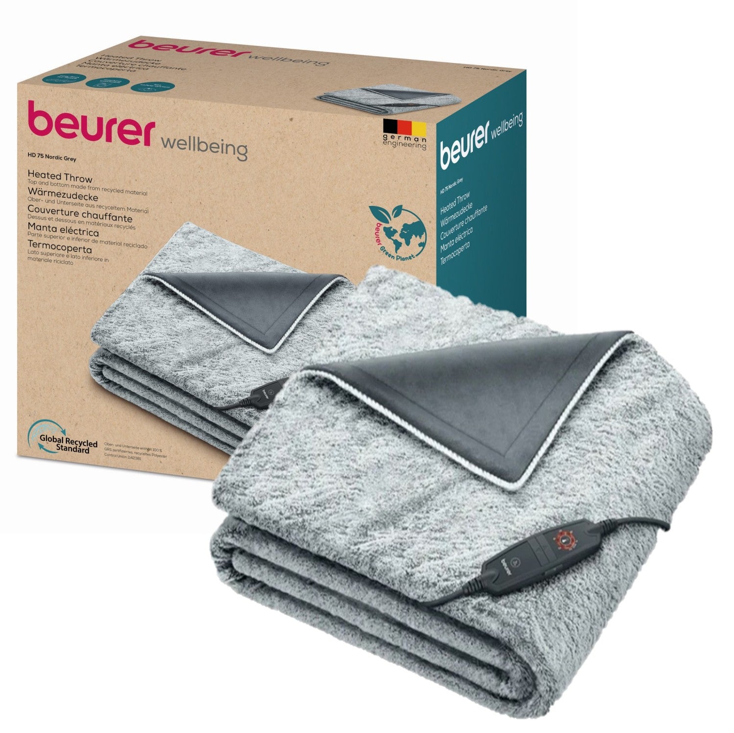 Beurer HD 75 GP Electric Blanket: Cosy, Eco-Friendly Heated Throw Blanket 180x130cm NORDIC GREY