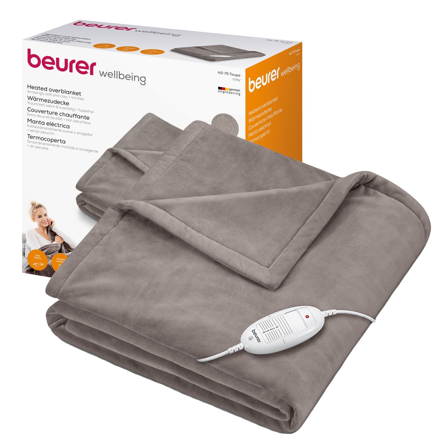 Beurer HD 75 Electric Blanket: Portable Heated Throw for Sofa, Bed or Study | 180x130cm | Taupe