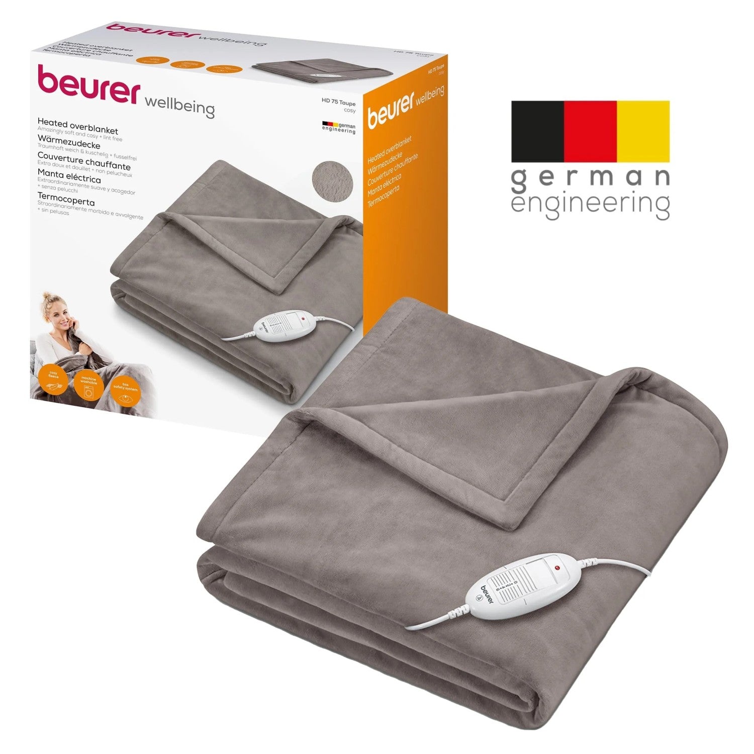 Beurer HD 75 Electric Blanket: Portable Heated Throw for Sofa, Bed or Study | 180x130cm | Taupe
