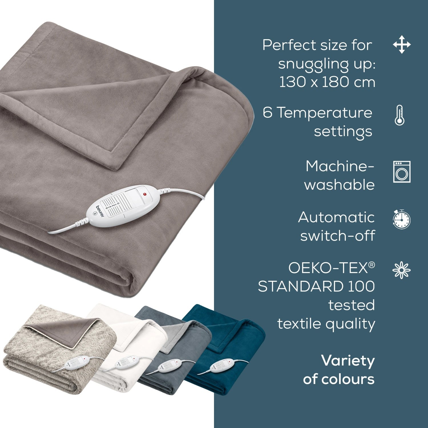 Beurer HD 75 Electric Blanket: Portable Heated Throw for Sofa, Bed or Study | 180x130cm | Taupe