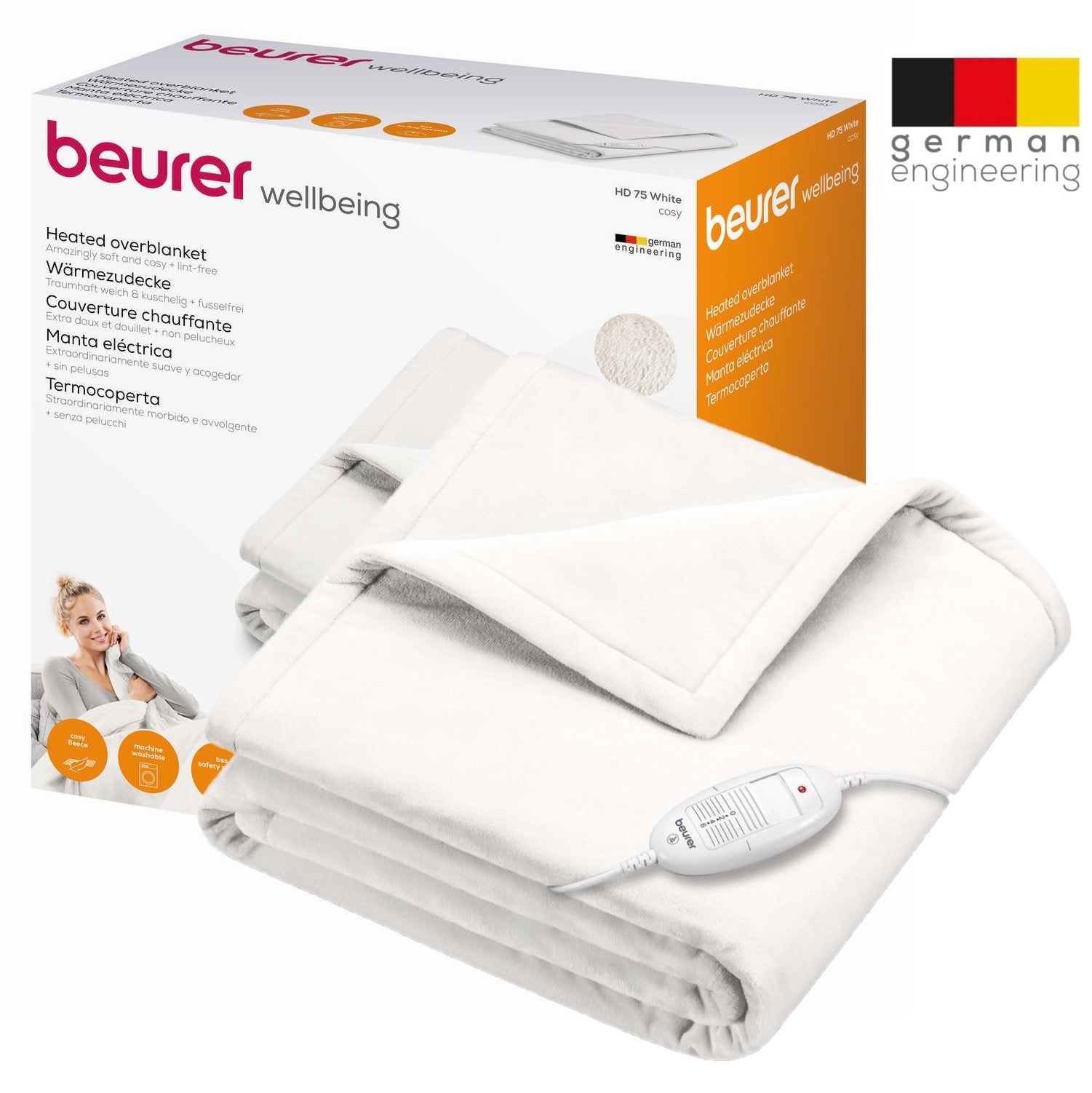 Beurer HD 75 Electric Blanket: Portable Heated Throw for Sofa, Bed or Study | 180x130cm | White