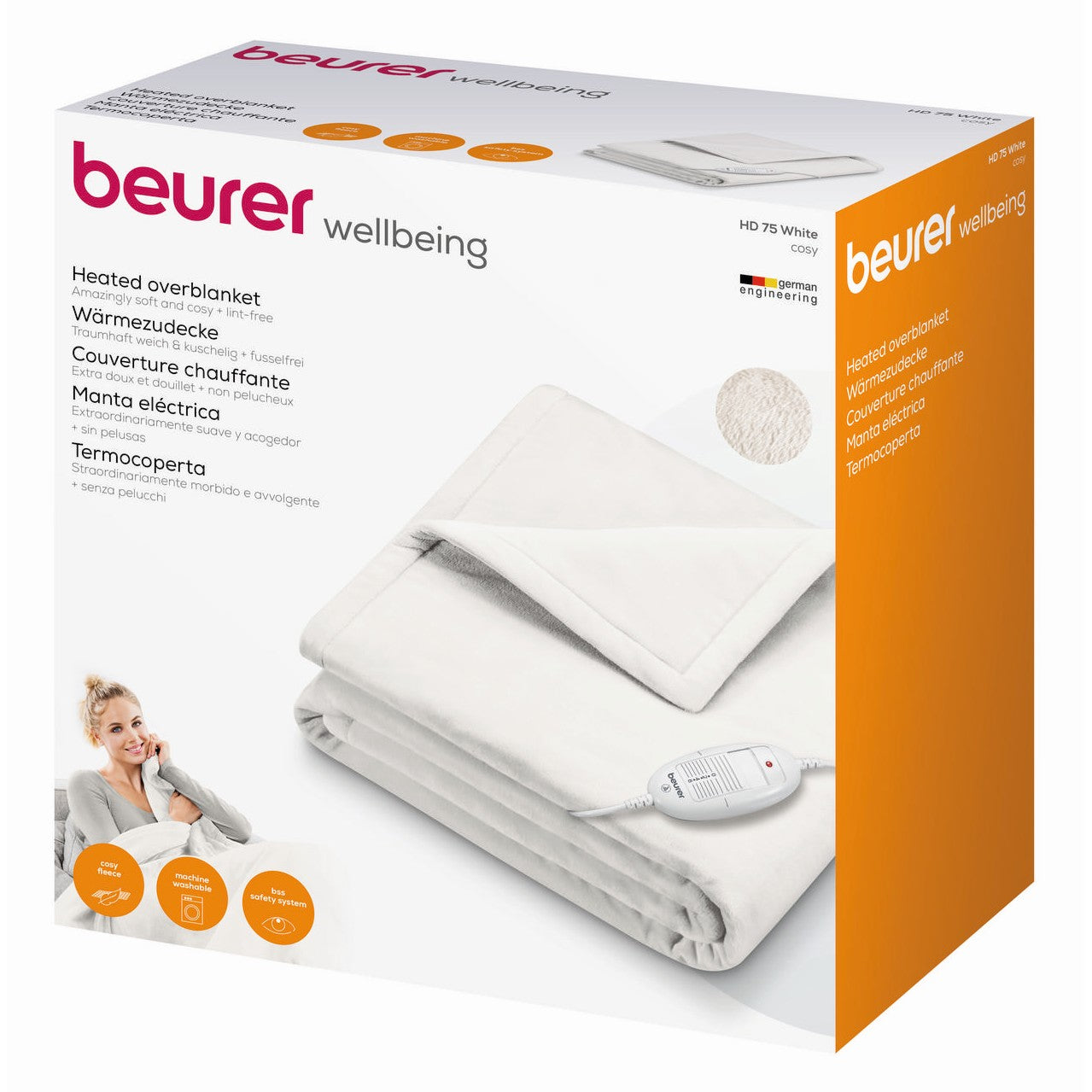Beurer HD 75 Electric Blanket: Portable Heated Throw for Sofa, Bed or Study | 180x130cm | White