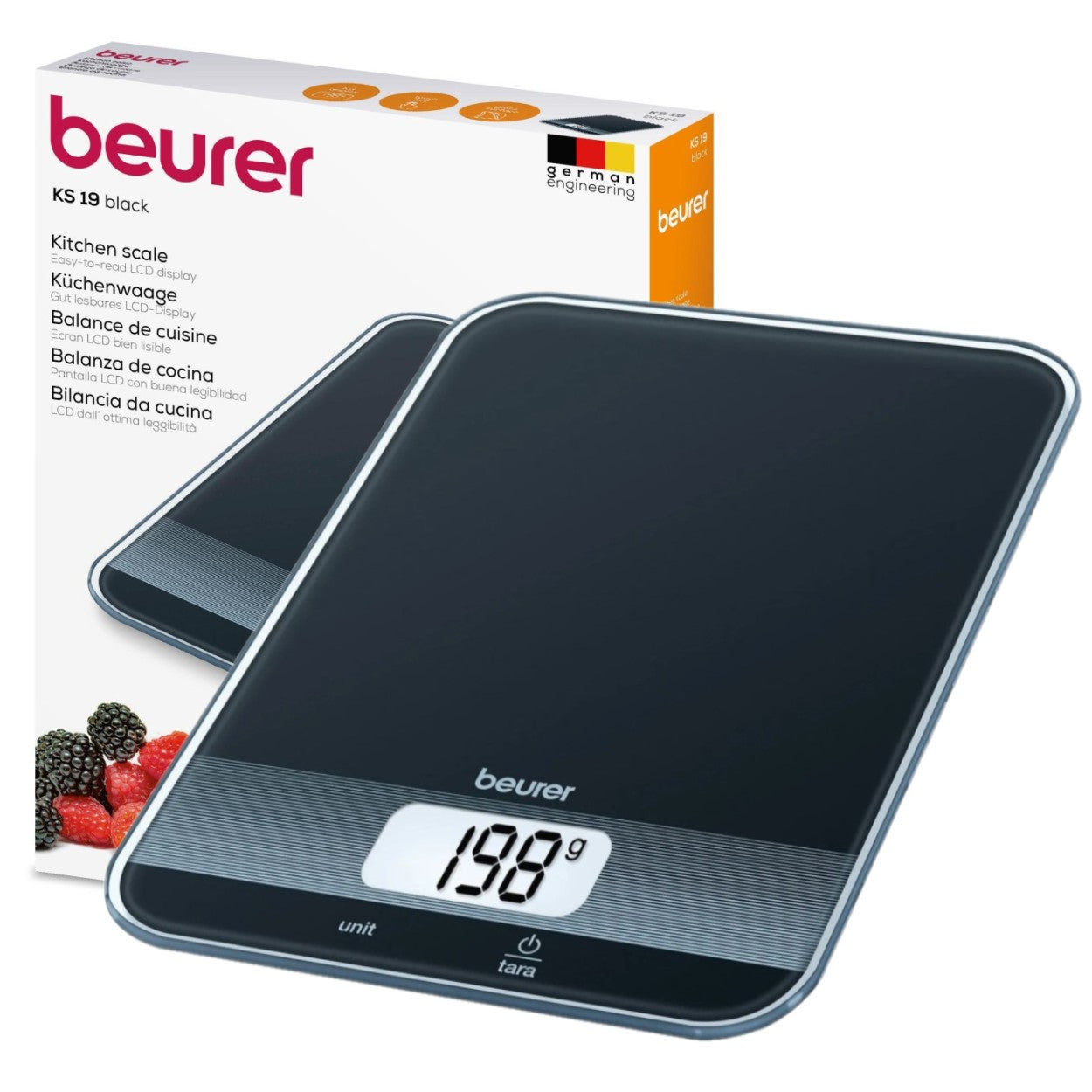 Beurer Germany KS 19 Digital Kitchen Scale in Black Glass: 5Kg Capacity. 1g Increments