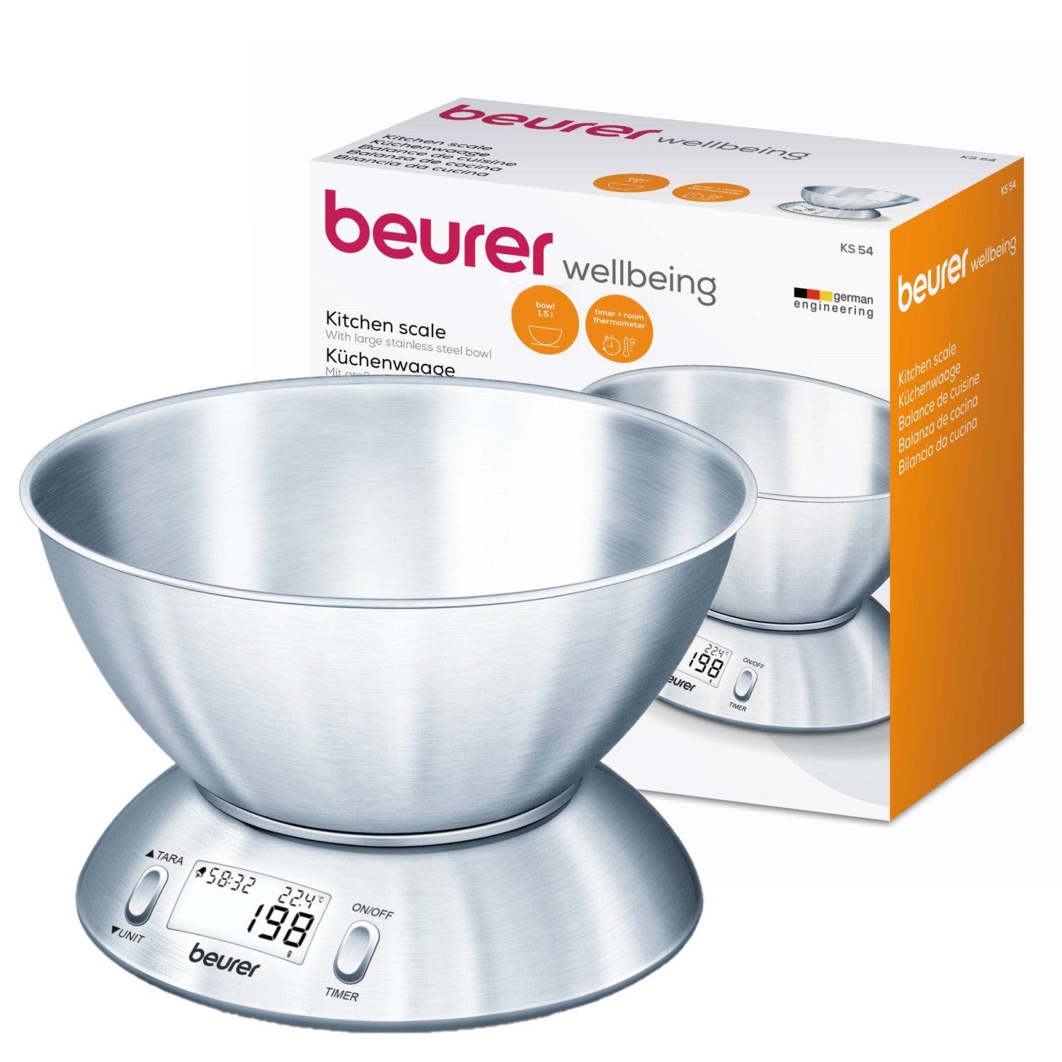 Beurer Germany Kitchen Scale with 1.5L Dishwasher-Safe Stainless-Steel Bowl, Integrated Room Thermometer & Timer. 5kg capacity. 1g Graduation