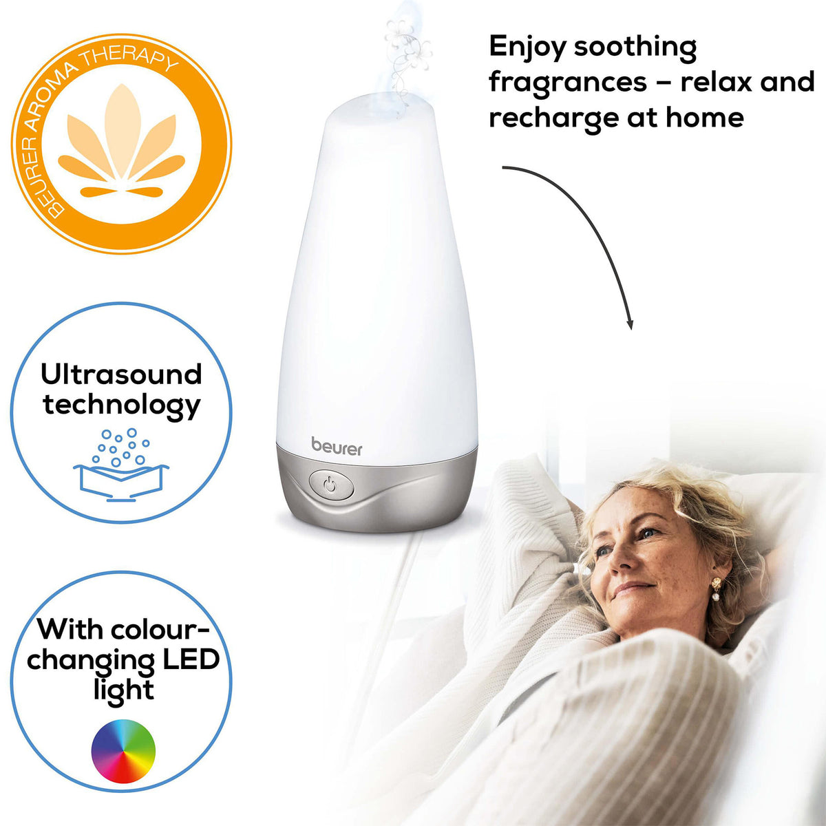 Beurer Germany Aroma Diffuser: Fragrant Mist. Colour-Change LED Light LA 30