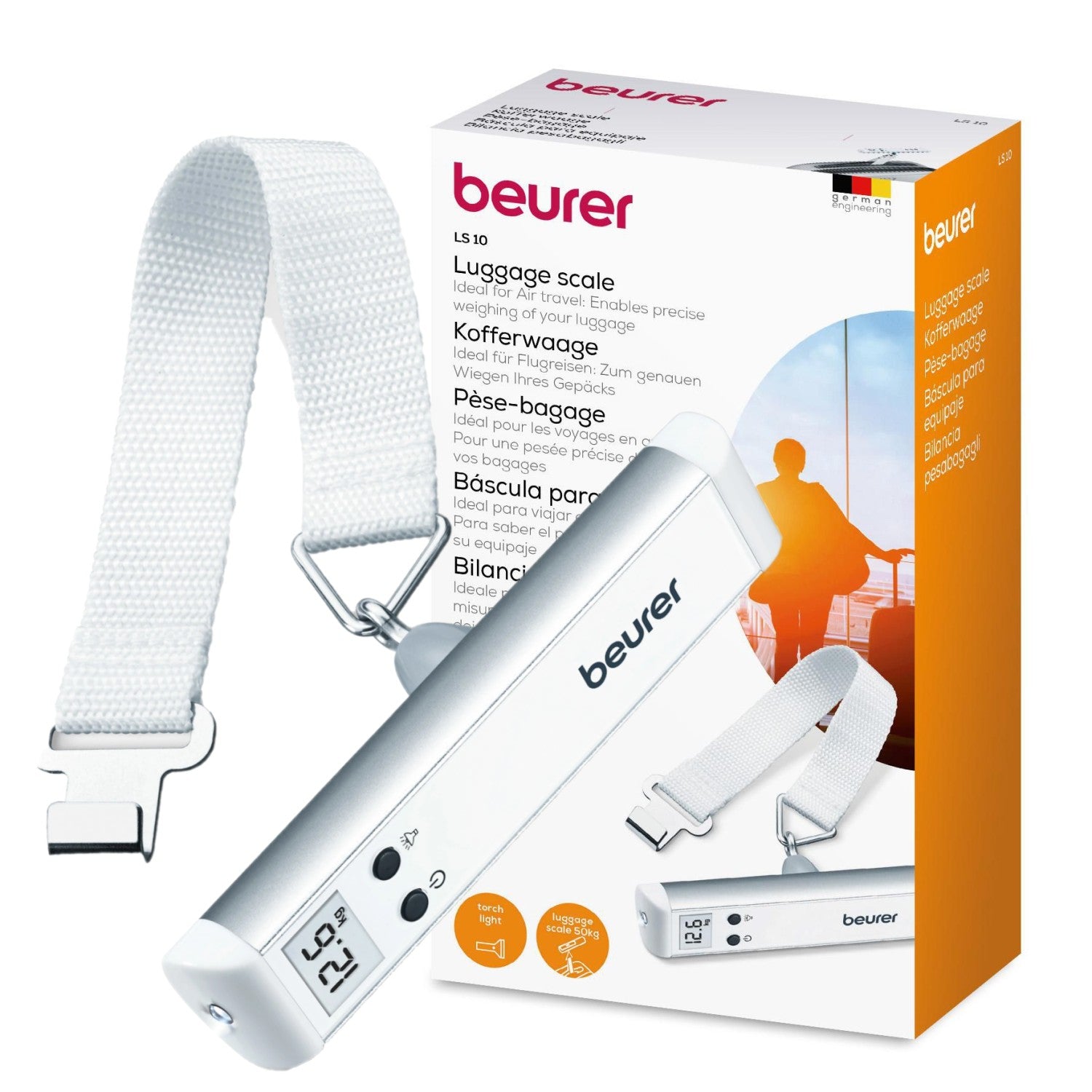Beurer LS 10 Luggage Scale with Torch | Small & Portable | Fits in Your Handbag | 50kg Capacity | 50g Precision