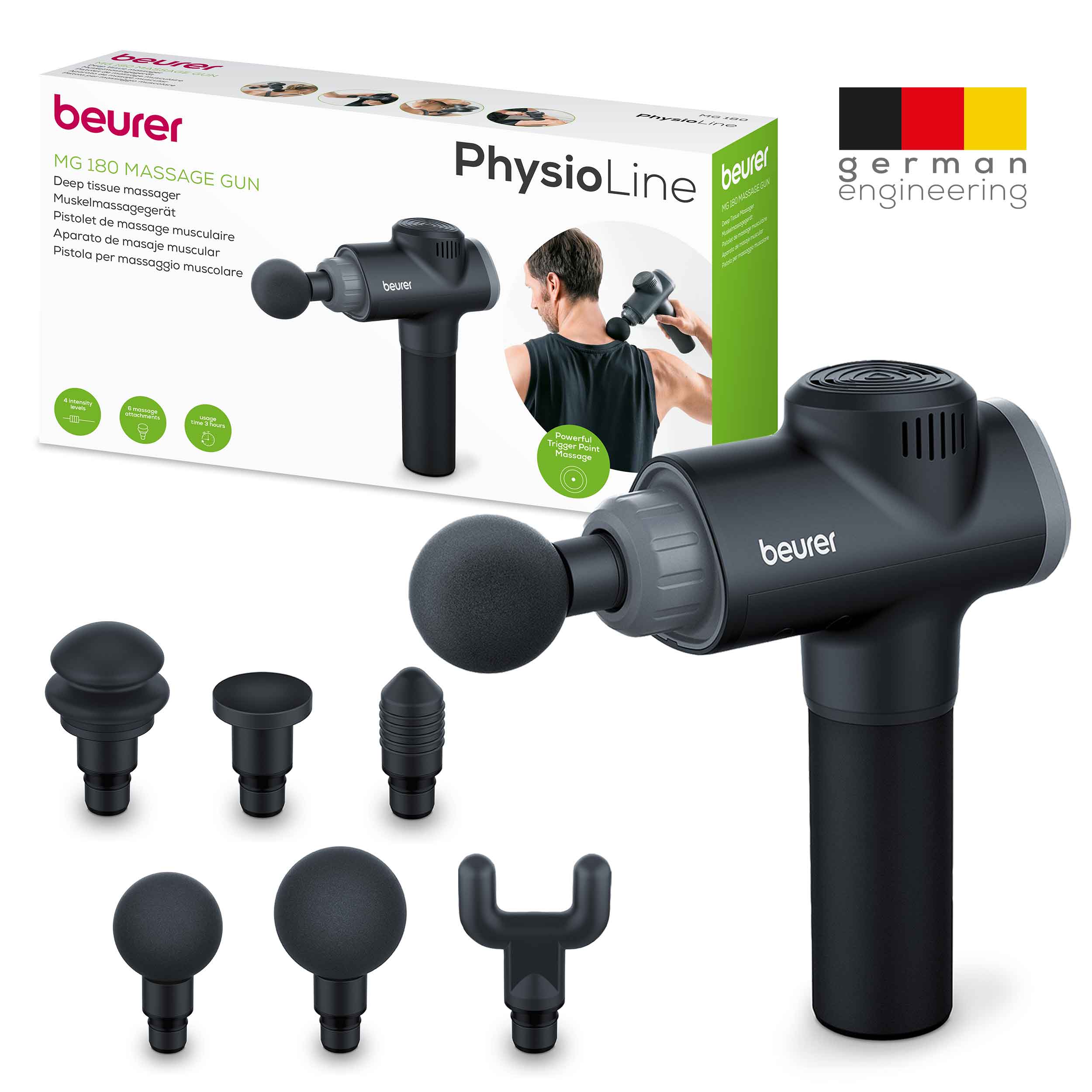 Beurer MG 180 Rechargeable Massage Gun with 6 Attachments: Targeted Deep-Tissue Muscle Massager