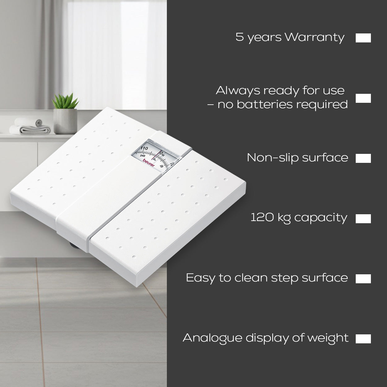 Beurer Mechanical Bathroom Scale MS 01 | Analogue Display |No Batteries | Eco-Friendly | 120kg Capacity