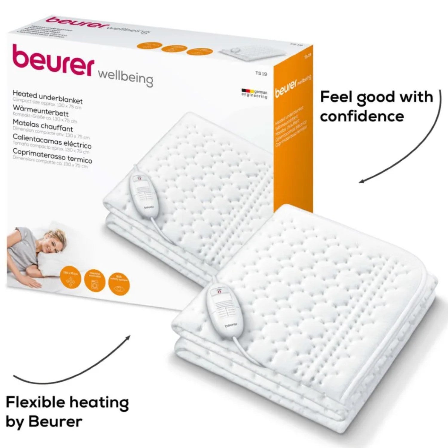 Beurer TS 19 Compact Electric Blanket: Fleece Heated Underblanket. 3 Heat Settings. 130x75cm