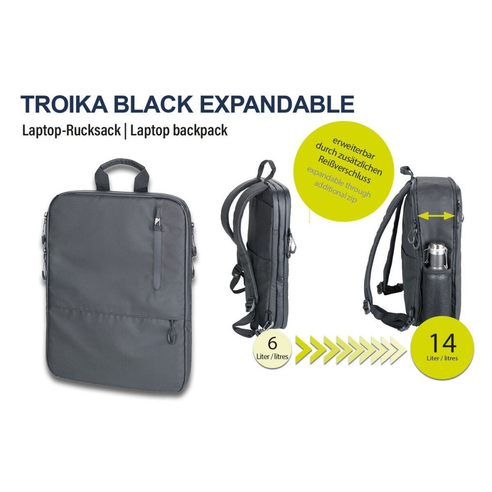 Troika Laptop Backpack: For 16" Laptop & Expandable from 6L to 14L – Black