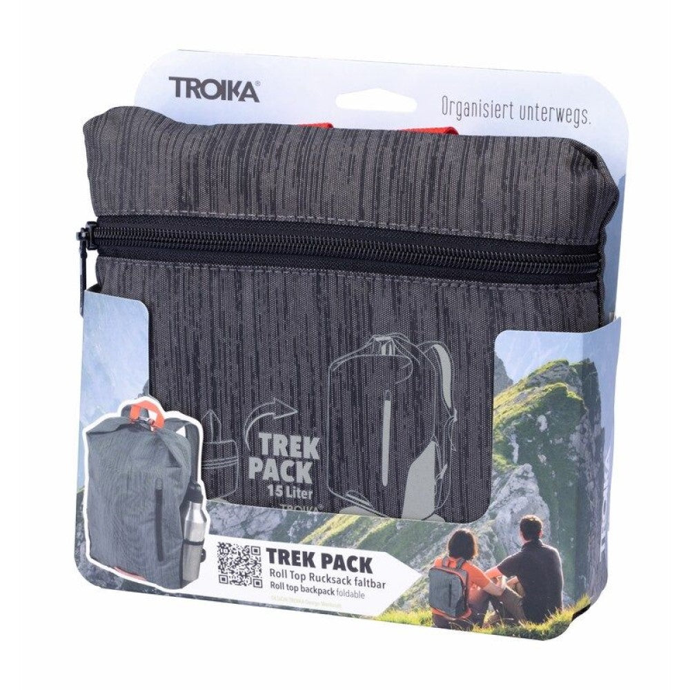 TROIKA Backpack: Rolltop Folding Backpack 15L Capacity, 10kg Load TREKPACK Grey