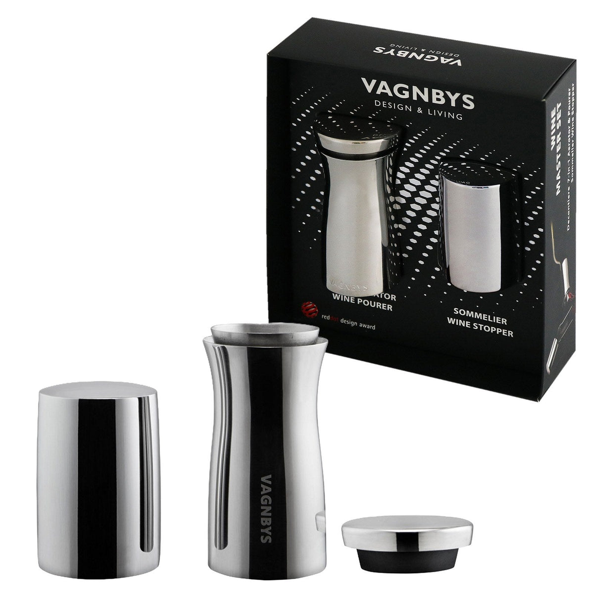 VAGNBYS 7-in-1 wine decanter with cap and sommelier wine stopper in stainless steel, beside their box