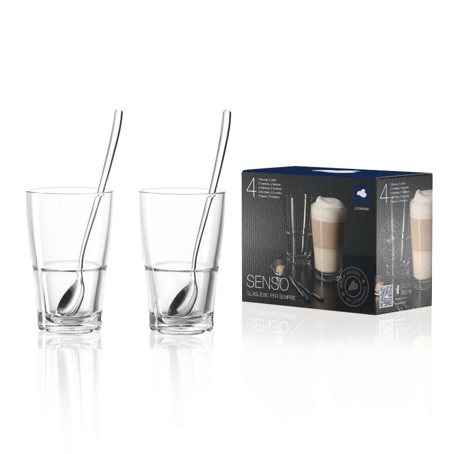 Leonardo SENSO Glass Tumbler for Latte or Ice Coffee & Spoon 390ml - Set of 2