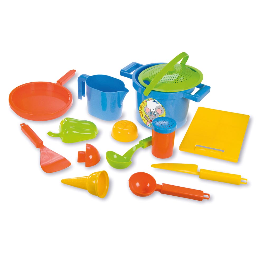LENA Sandpit Toys Kitchen Set including Sieve, Pan, Moulds Etc - 14 Pieces