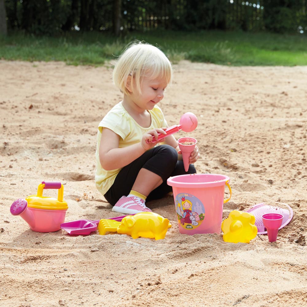 LENA Sandpit Toys Set of 10 including Bucket, Sieve, Rake, Moulds Etc Pink