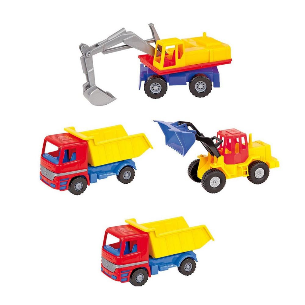 LENA Toy Vehicle Set – 2x Dump Truck 1x Excavator 1x Earth Mover – 4 Pieces