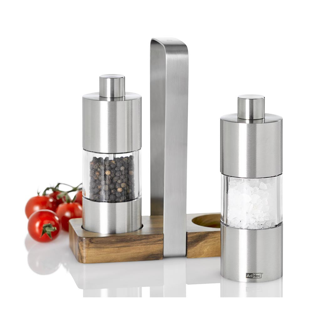AdHoc Salt & Pepper Grinders on Wood Tray with Handle - Menage Classic 3-Pieces