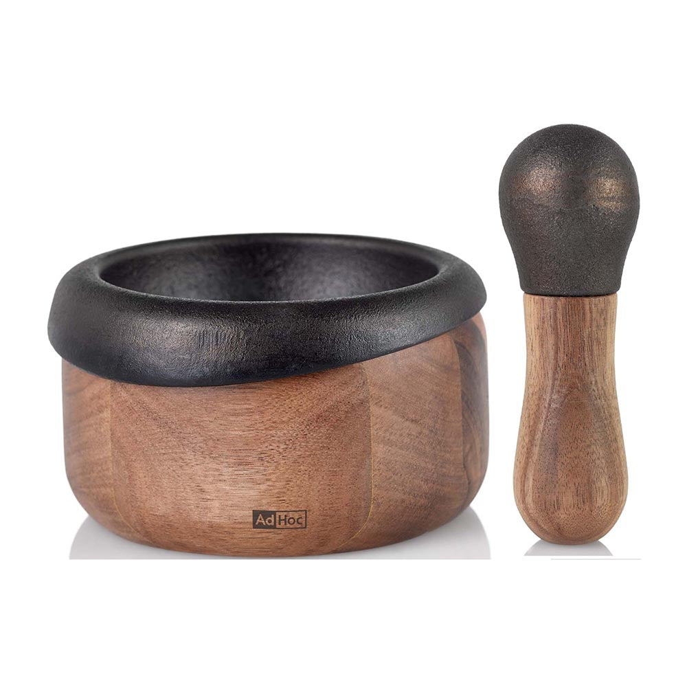 AdHoc Mortar and Pestle Cast Iron and Acacia Wood CRUSH – 2 Pieces