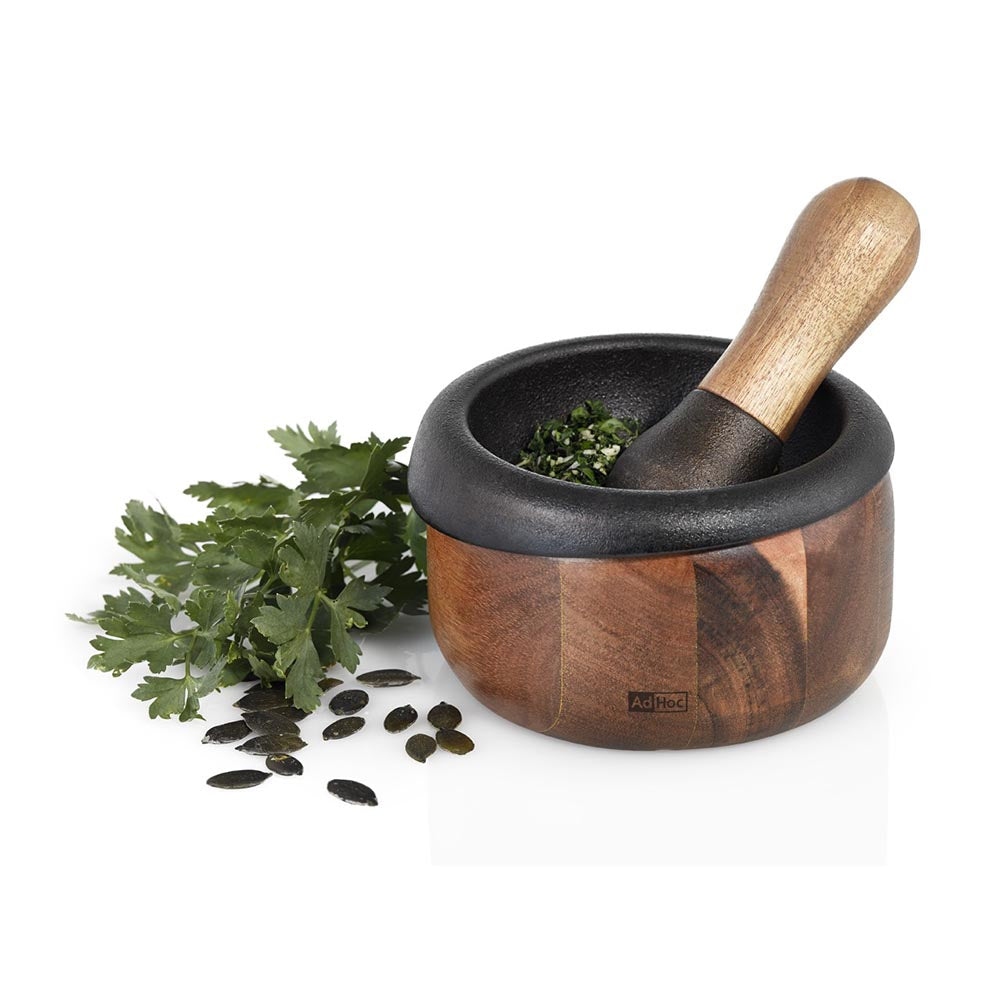 AdHoc Mortar and Pestle Cast Iron and Acacia Wood CRUSH – 2 Pieces