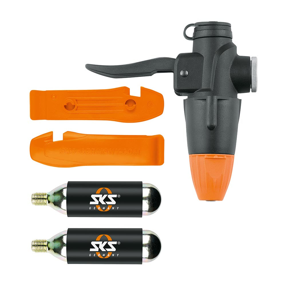 SKS Pump Head for Tubeless Tyres + 2x 16g CO2 + 2x Tyre Levers TL-HEAD-SET