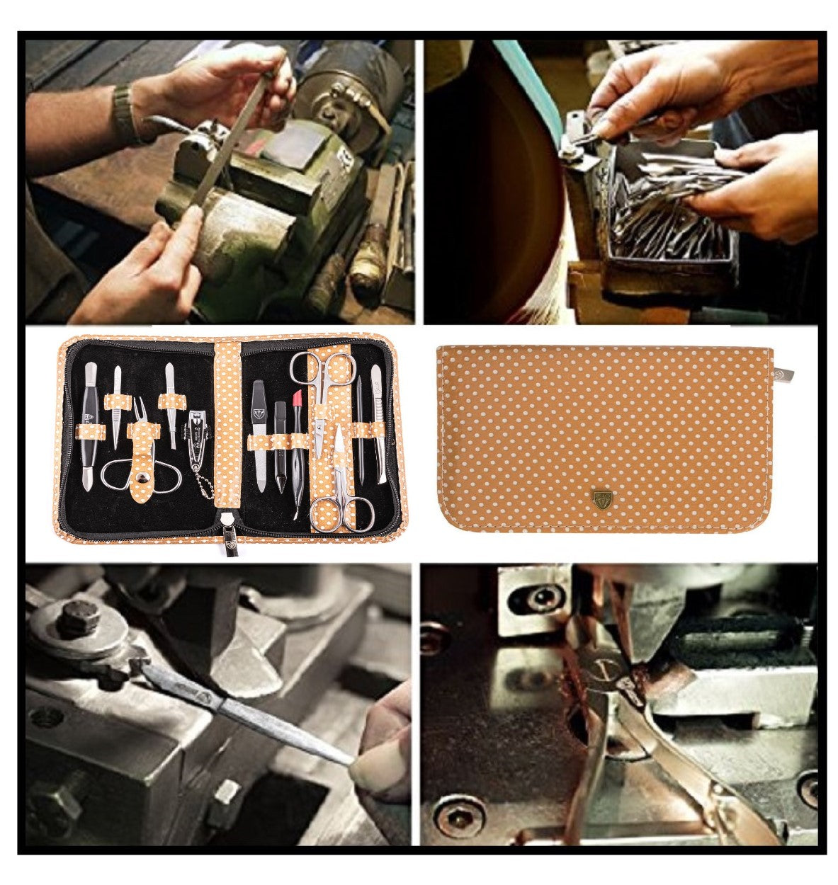 Kellermann 3 Swords Manicure & Pedicure Set | 12-Pieces | Beige Zipped Case with White Spots | V-Savanna Touch