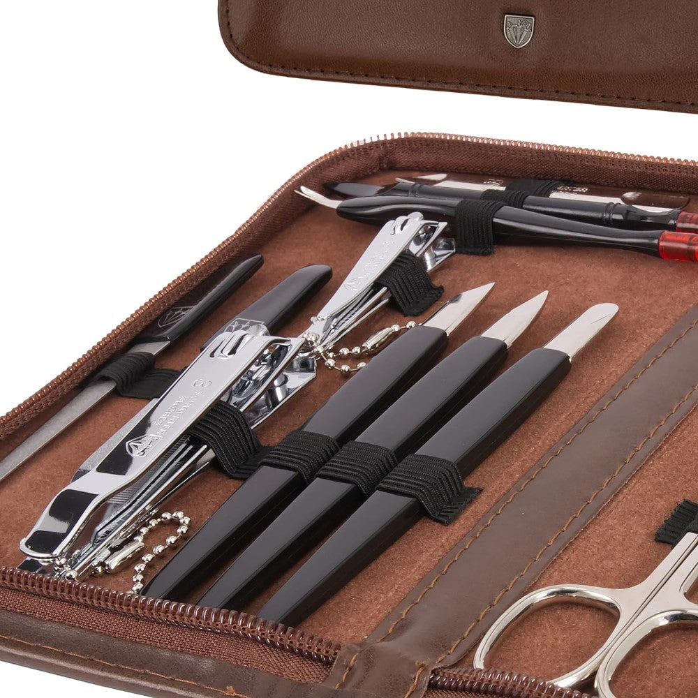Kellermann 3 Swords Manicure Set: 16 Premium Nail Tools in Brown Leath