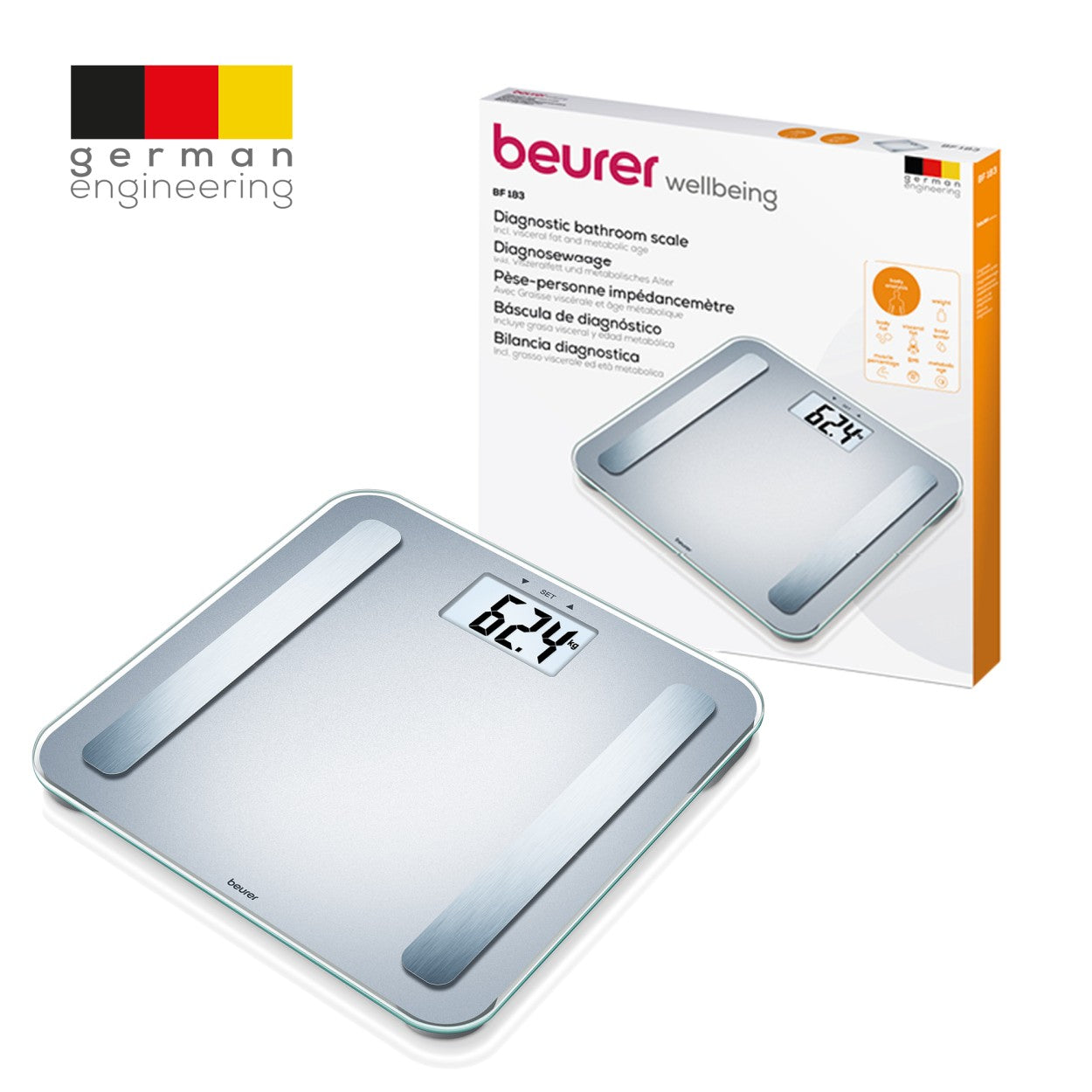 Beurer BF 183 Diagnostic Bathroom Scale for Measurement of Weight, Body Fat, BMI, Muscle Percentage, Visceral Fat & Metabolic Age - Silver