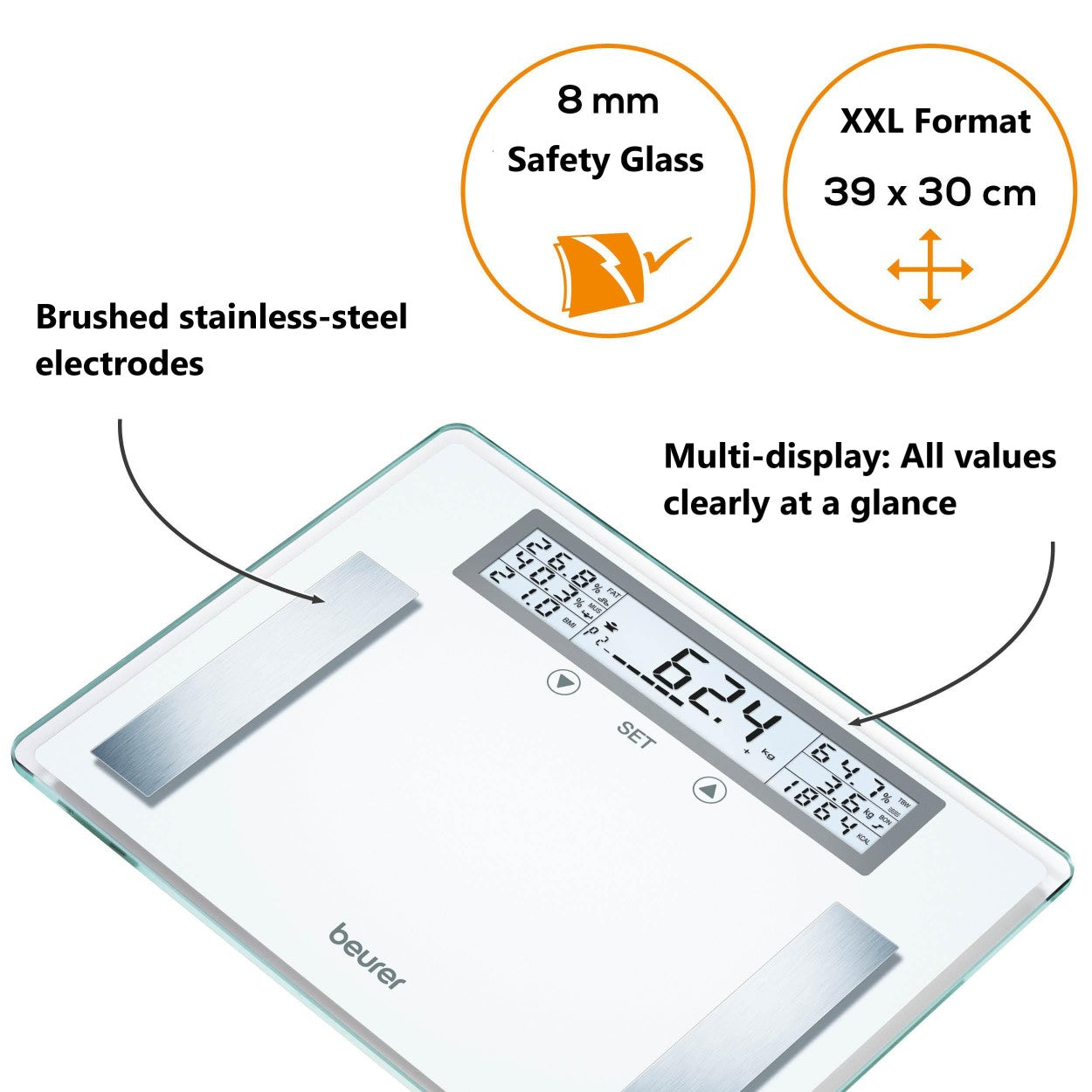 Beurer BG 51 XXL Diagnostic Bathroom Scale | BMI, Fat, Water, Muscle, Bone Mass, AMR | Weight to 200kg