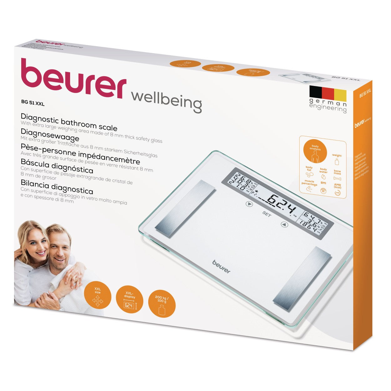 Beurer BG 51 XXL Diagnostic Bathroom Scale | BMI, Fat, Water, Muscle, Bone Mass, AMR | Weight to 200kg