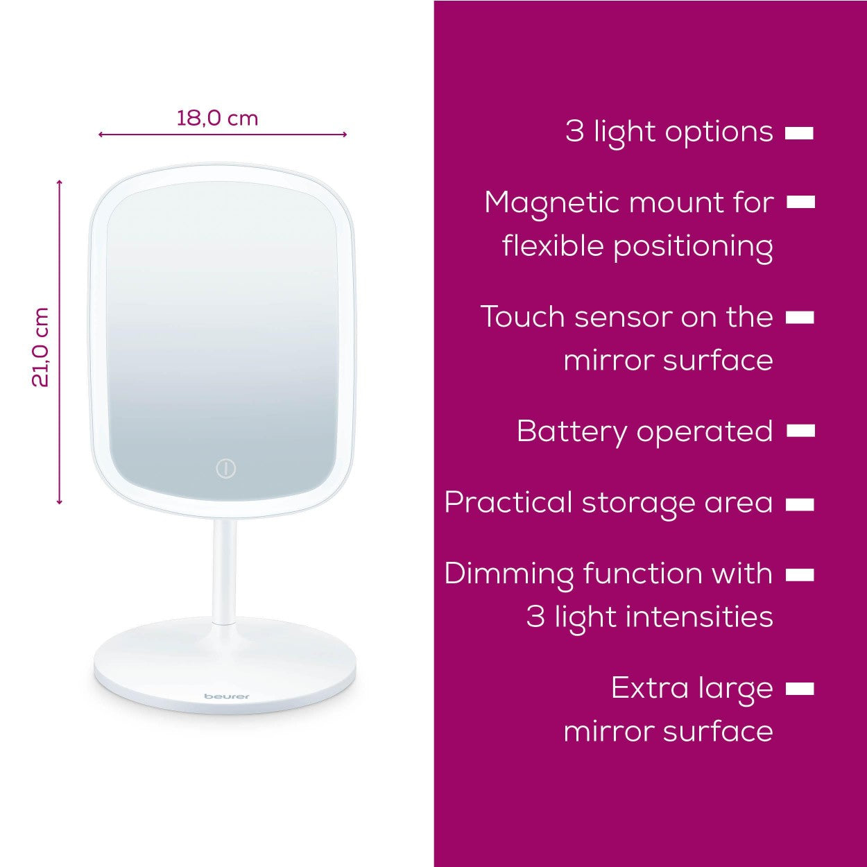 Beurer Makeup Mirror | LED Light Mirror On Stand | USB Rechargeable | BS 47