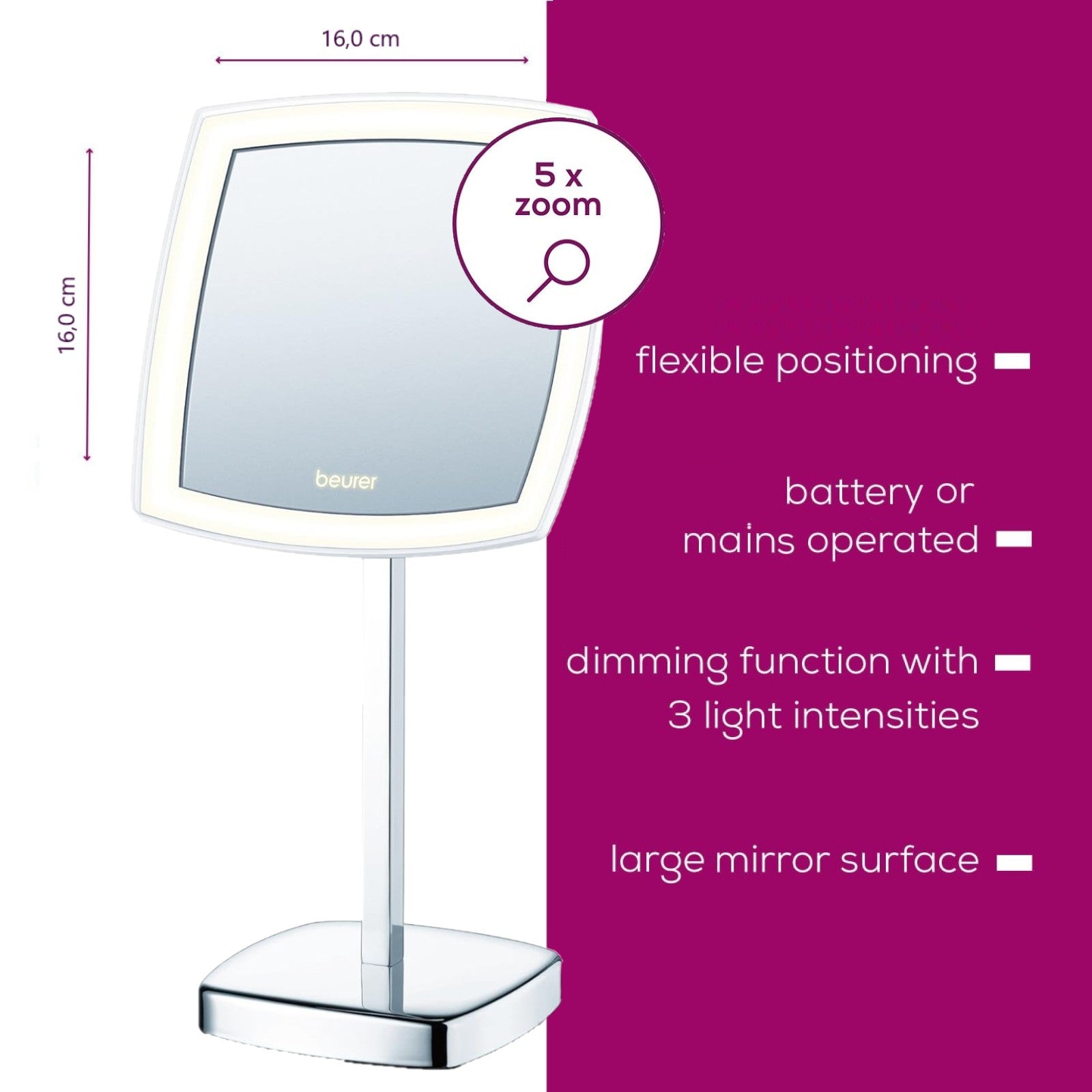 Beurer Germany BS 99 LED Cosmetic Mirror | 5X Magnification. Bright Adjustable LED Light | Precise Makeup & Grooming