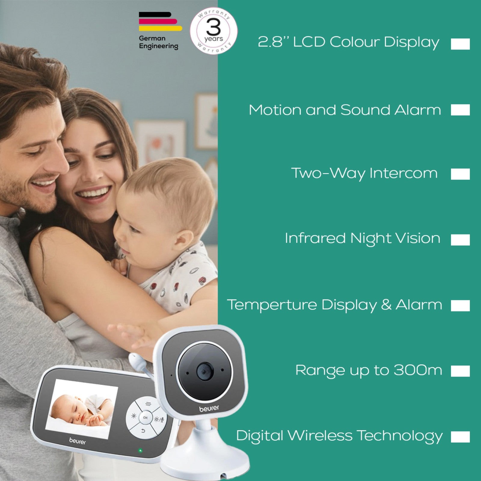 Beurer Video Baby Monitor BY 110 Day & Infrared Night Vision, 2.8" LCD Colour Display, ECO+ Mode, 2-Way Intercom