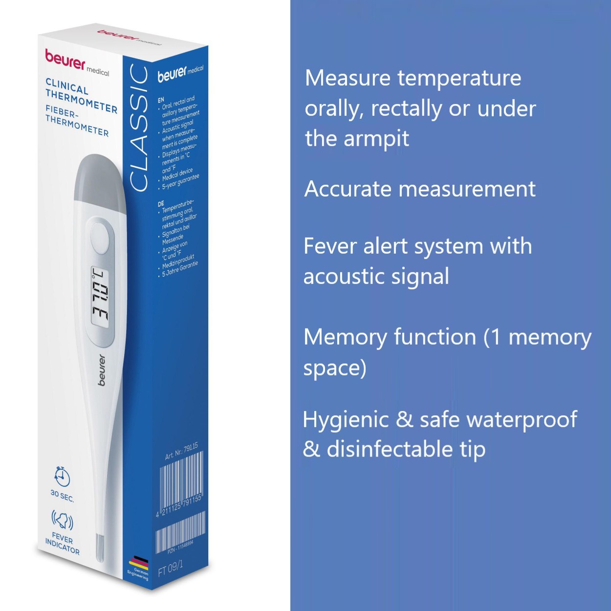 Beurer Thermometer FT 09/1 Accurate Digital Oral, Rectal or Armpit Readings | White