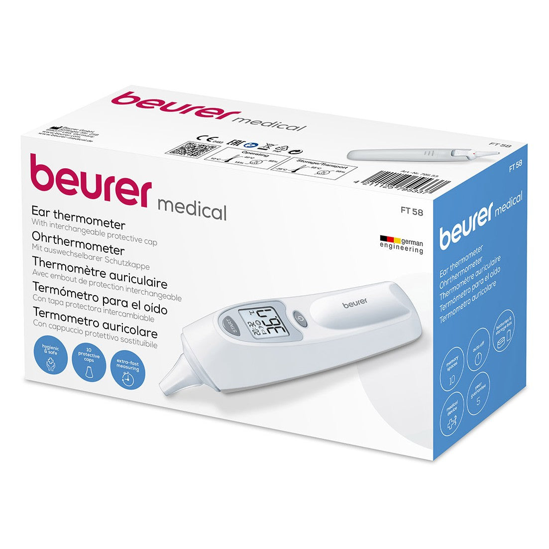 Beurer FT 58 In-Ear Thermometer: Hygienic Protective Caps, Infrared Technology, Rapid Results