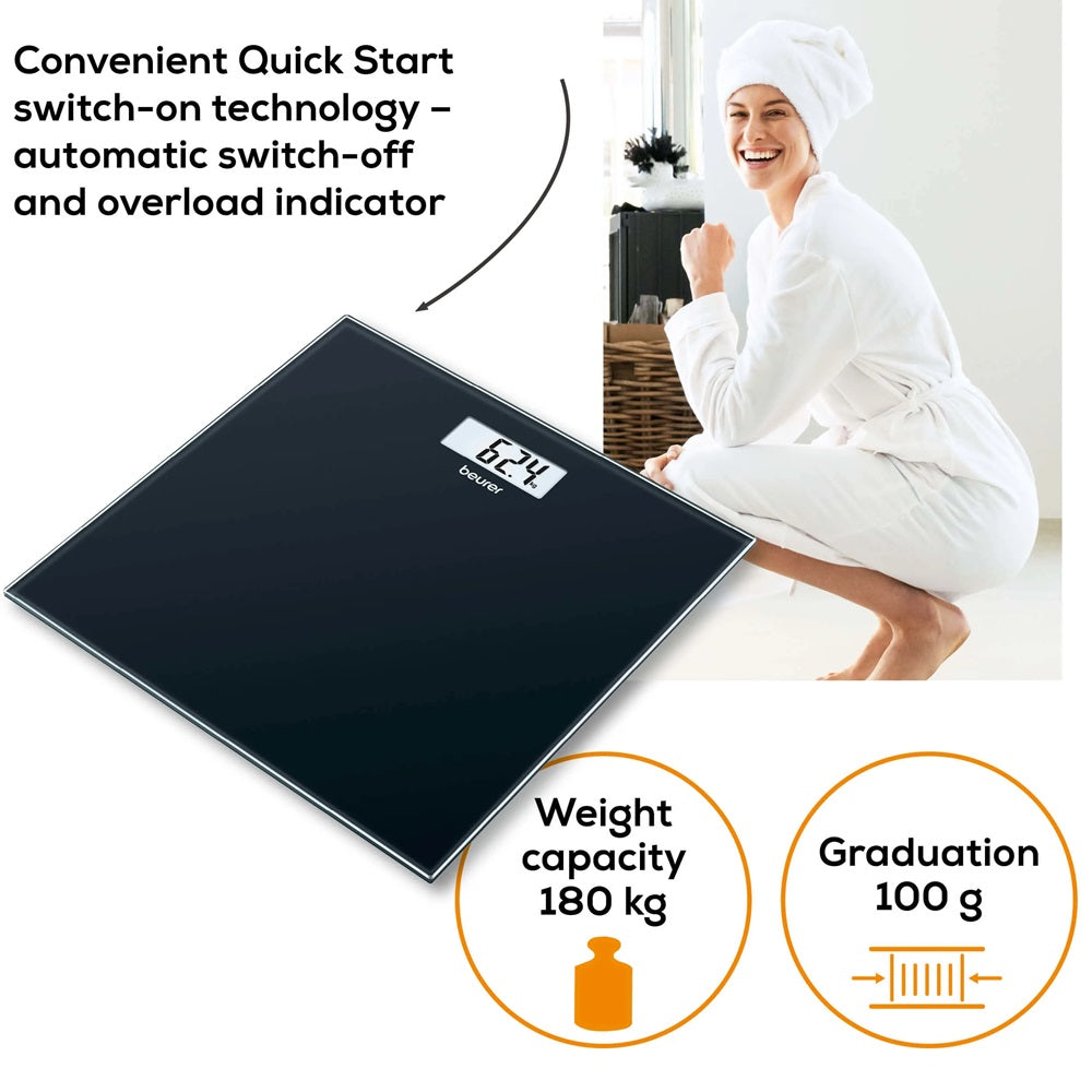 Beurer Bathroom Scale GS 10 Black Glass: Compact, Space-Saving Design. 180kg Capacity